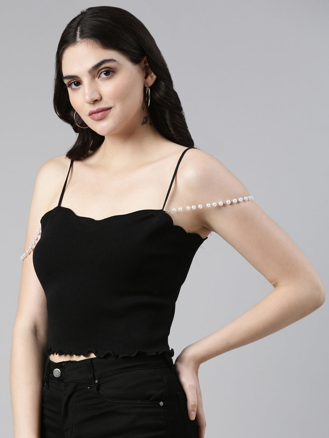 Shoulder Straps Solid Sleeveless Black Crop Tank Top