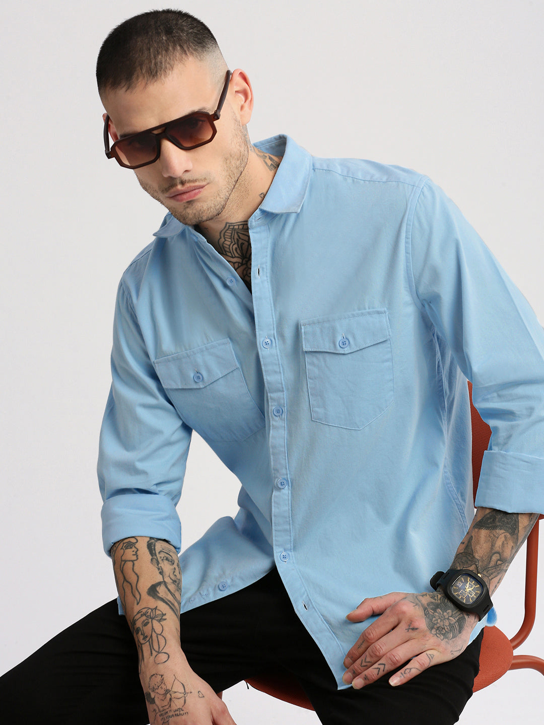 Men Spread Collar Solid Blue Casual Shirt