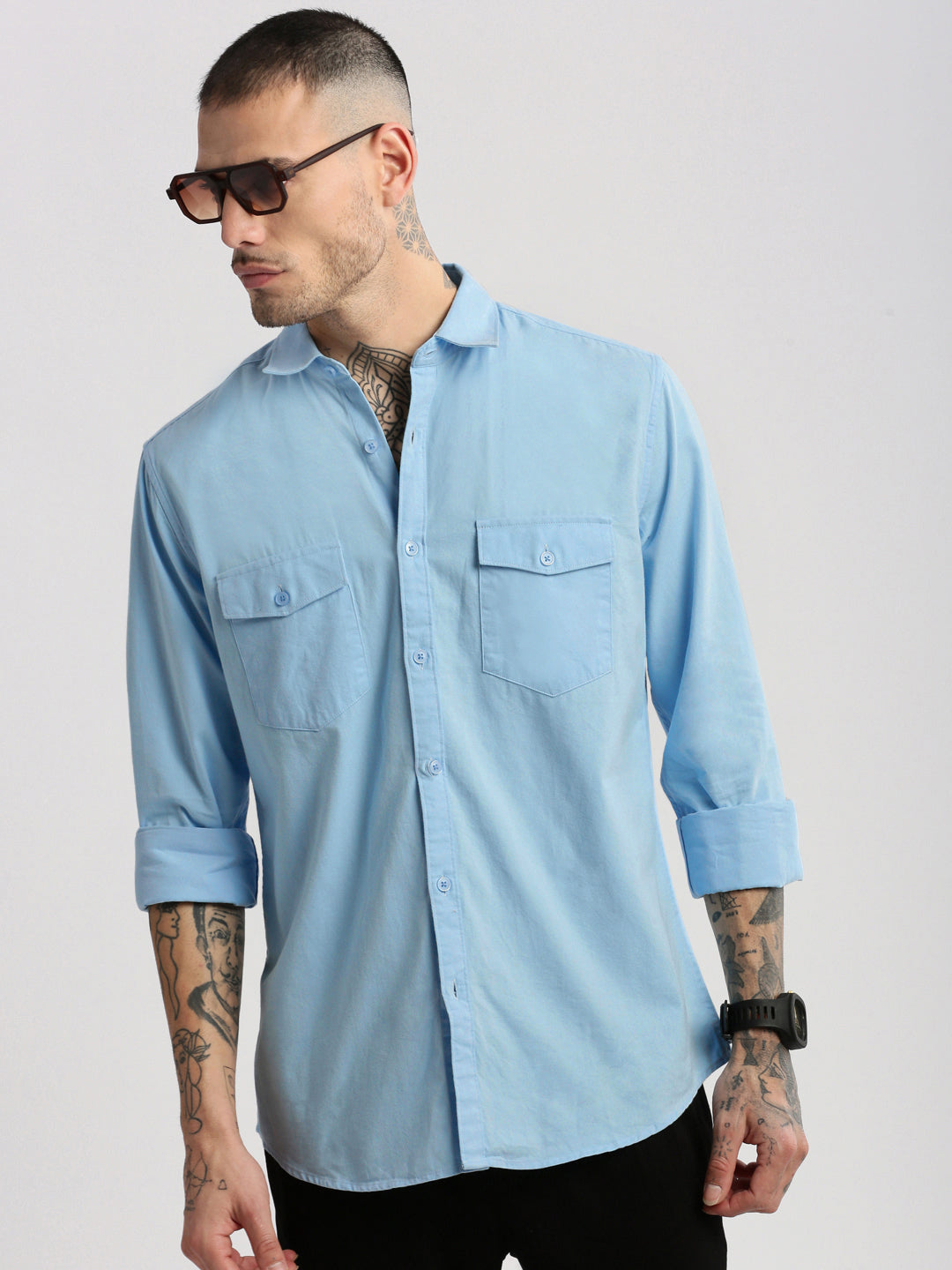 Men Spread Collar Solid Blue Casual Shirt