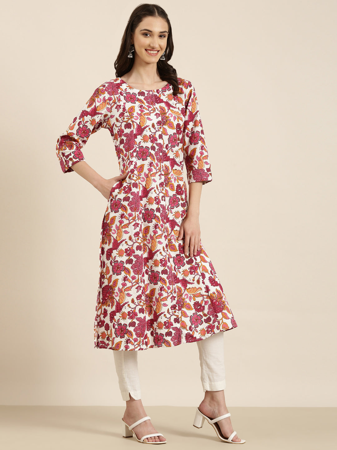 Women White Floral A-Line Kurta