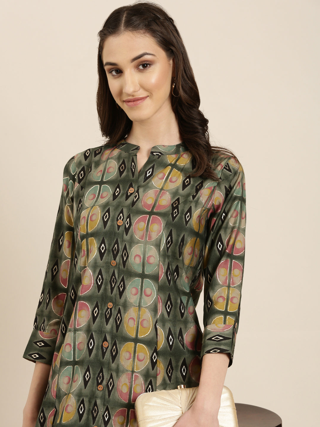 Women Olive Geometrical A-Line Kurta