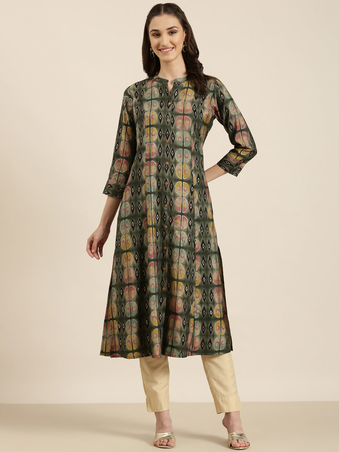 Women Olive Geometrical A-Line Kurta