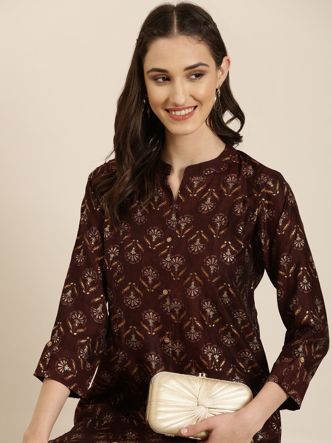 Women Maroon Floral Straight Kurta