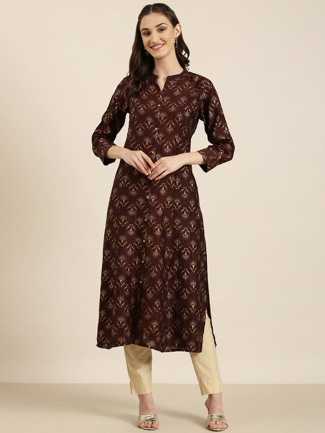 Women Maroon Floral Straight Kurta