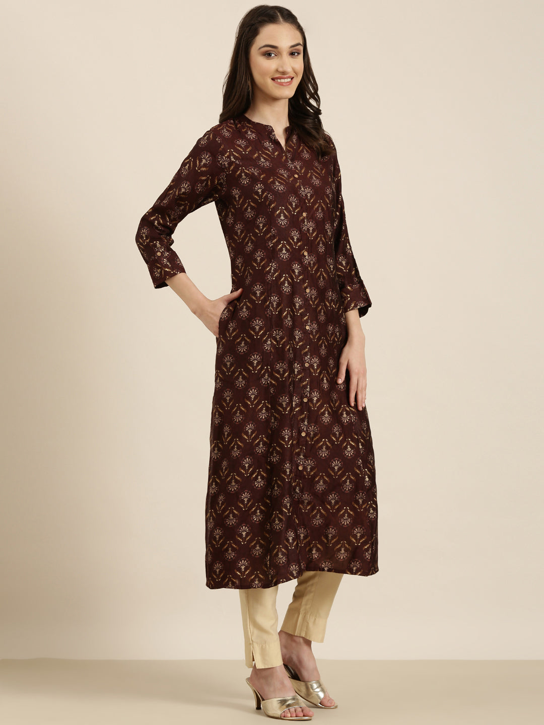 Women Maroon Floral Straight Kurta