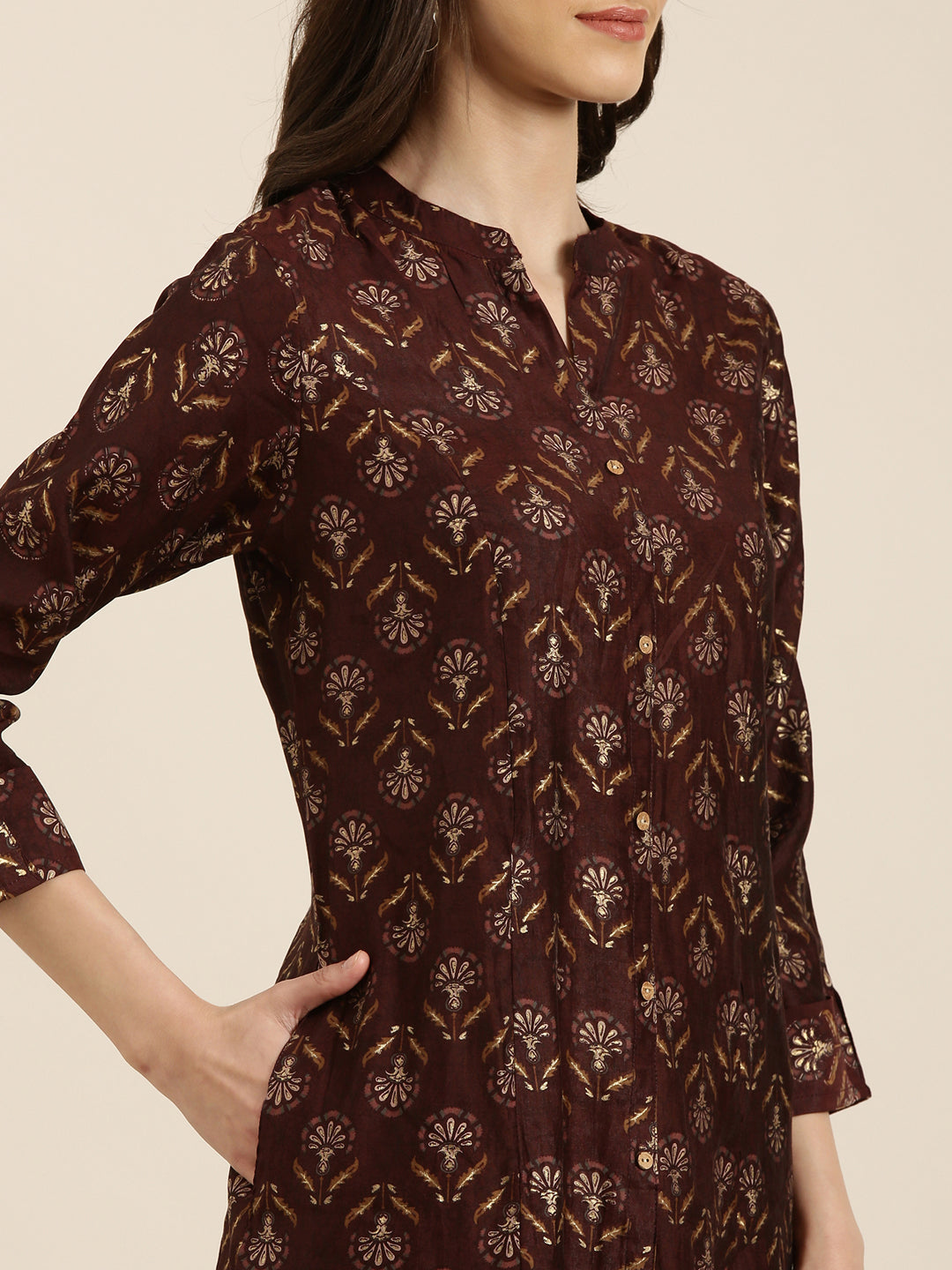 Women Maroon Floral Straight Kurta