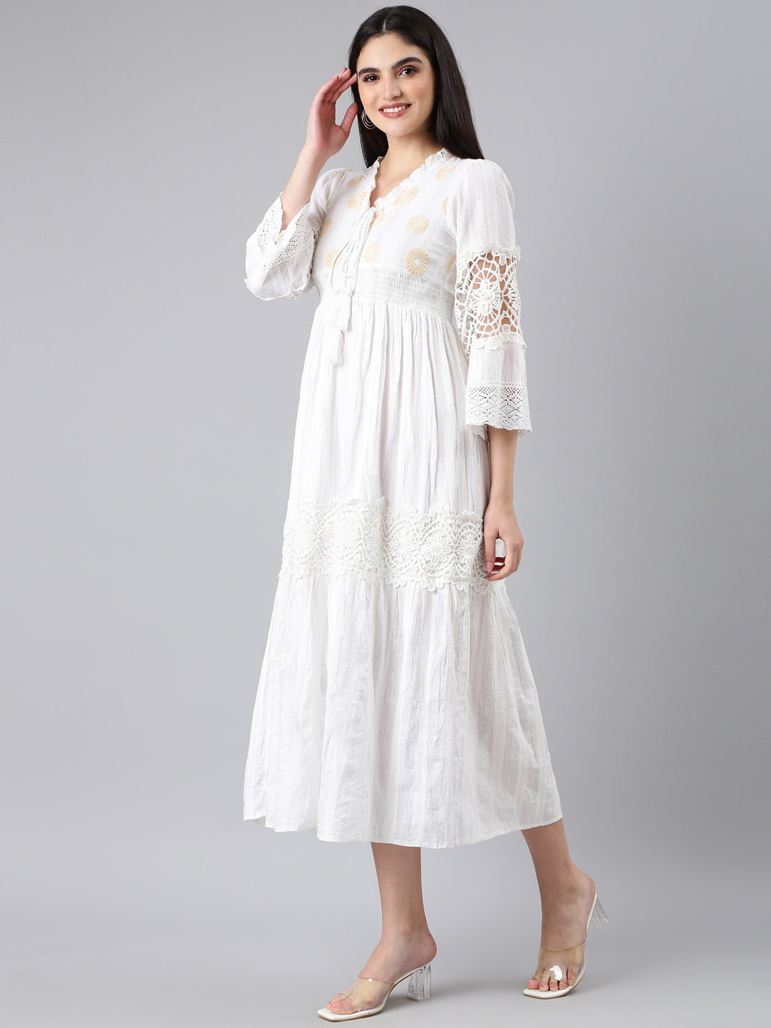 Women Off White Solid Fit and Flare Dress