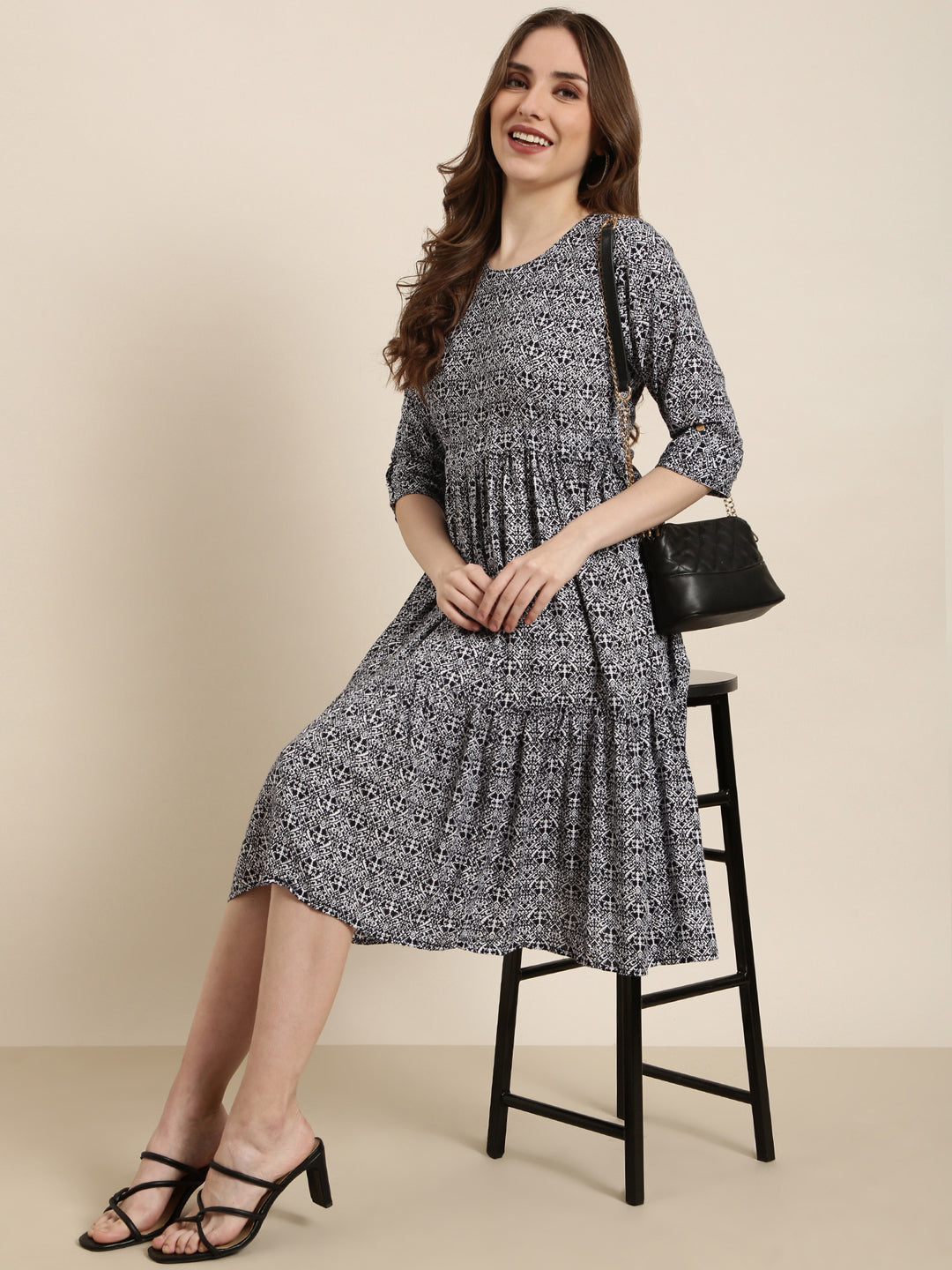Women Navy Blue Ethnic Motifs Fit and Flare Dress