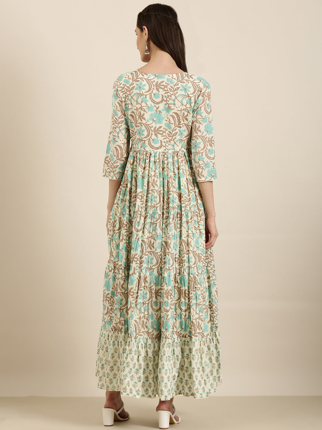 Women Cream Floral Anarkali Kurta