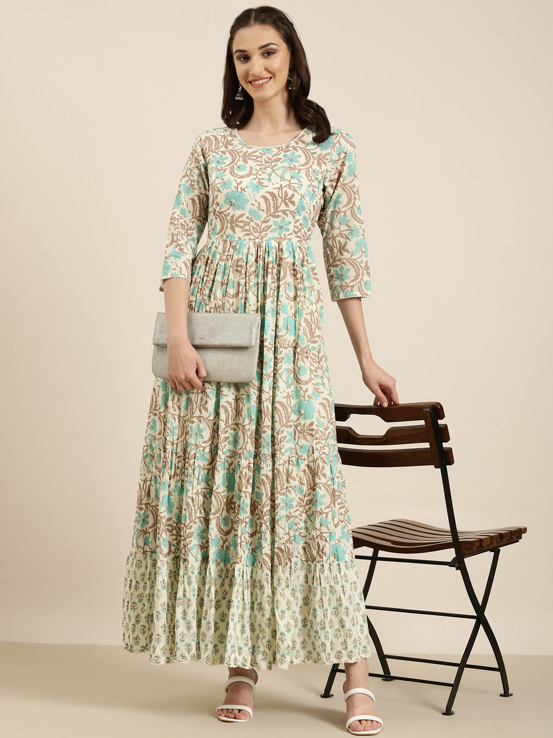 Women Cream Floral Anarkali Kurta