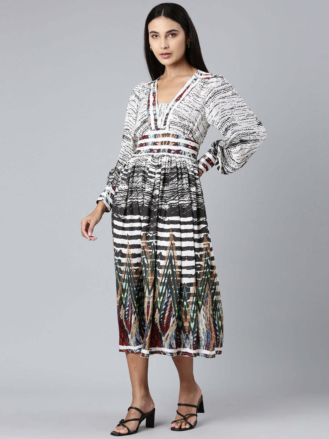 Women Off White Printed Fit and Flare Dress