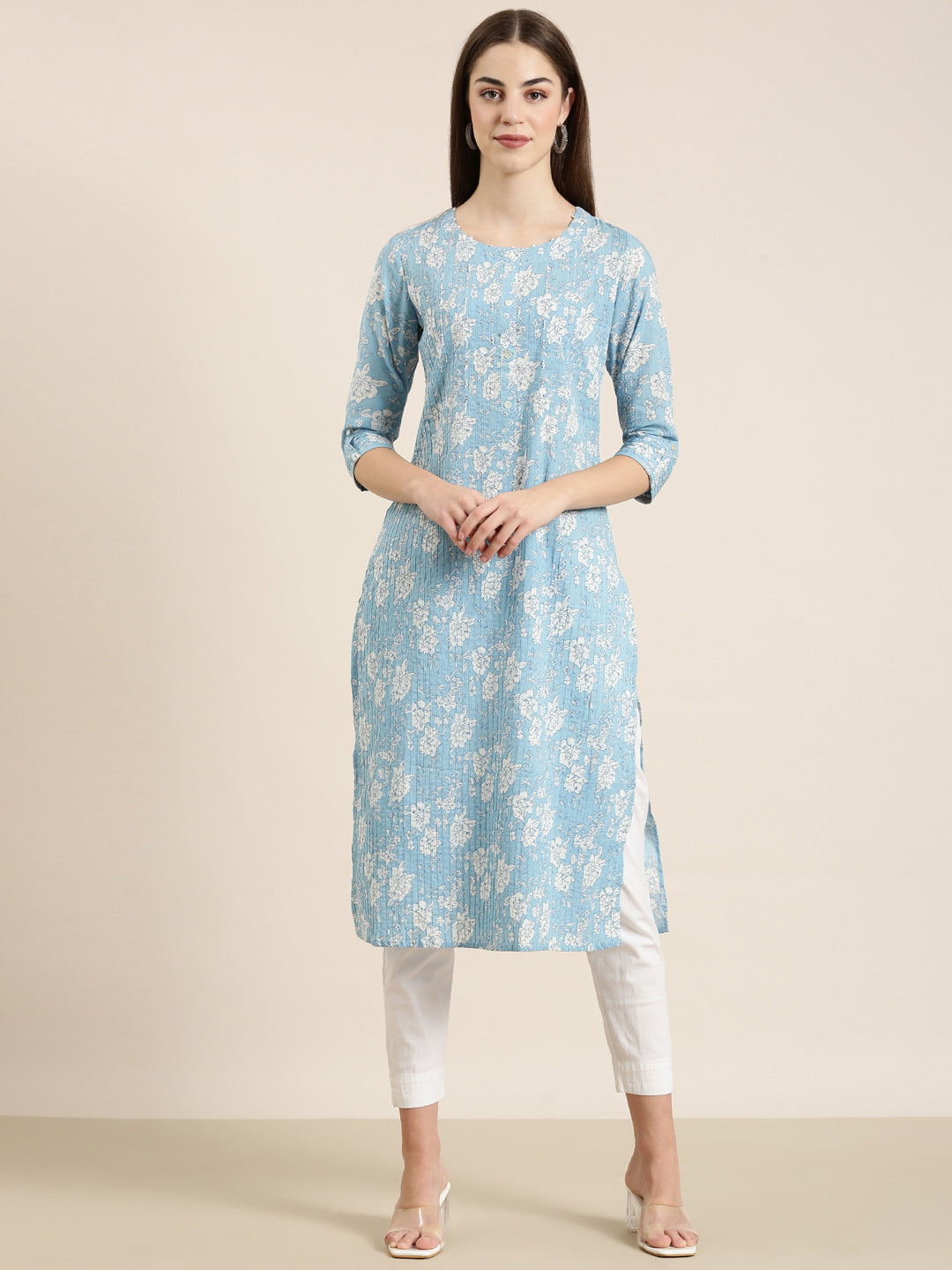 Women Blue Floral Straight Kurta