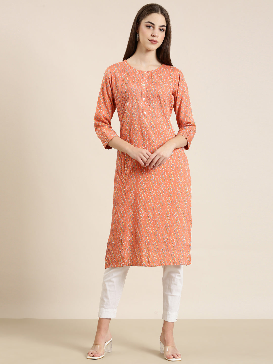 Women Peach Floral Straight Kurta