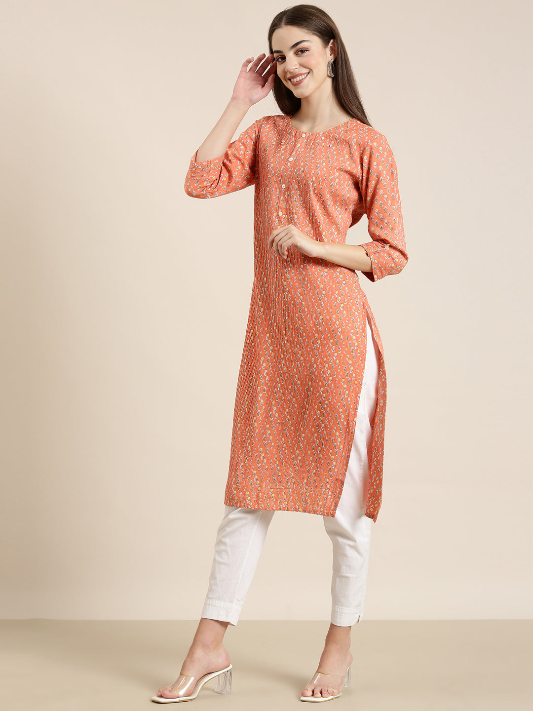 Women Peach Floral Straight Kurta