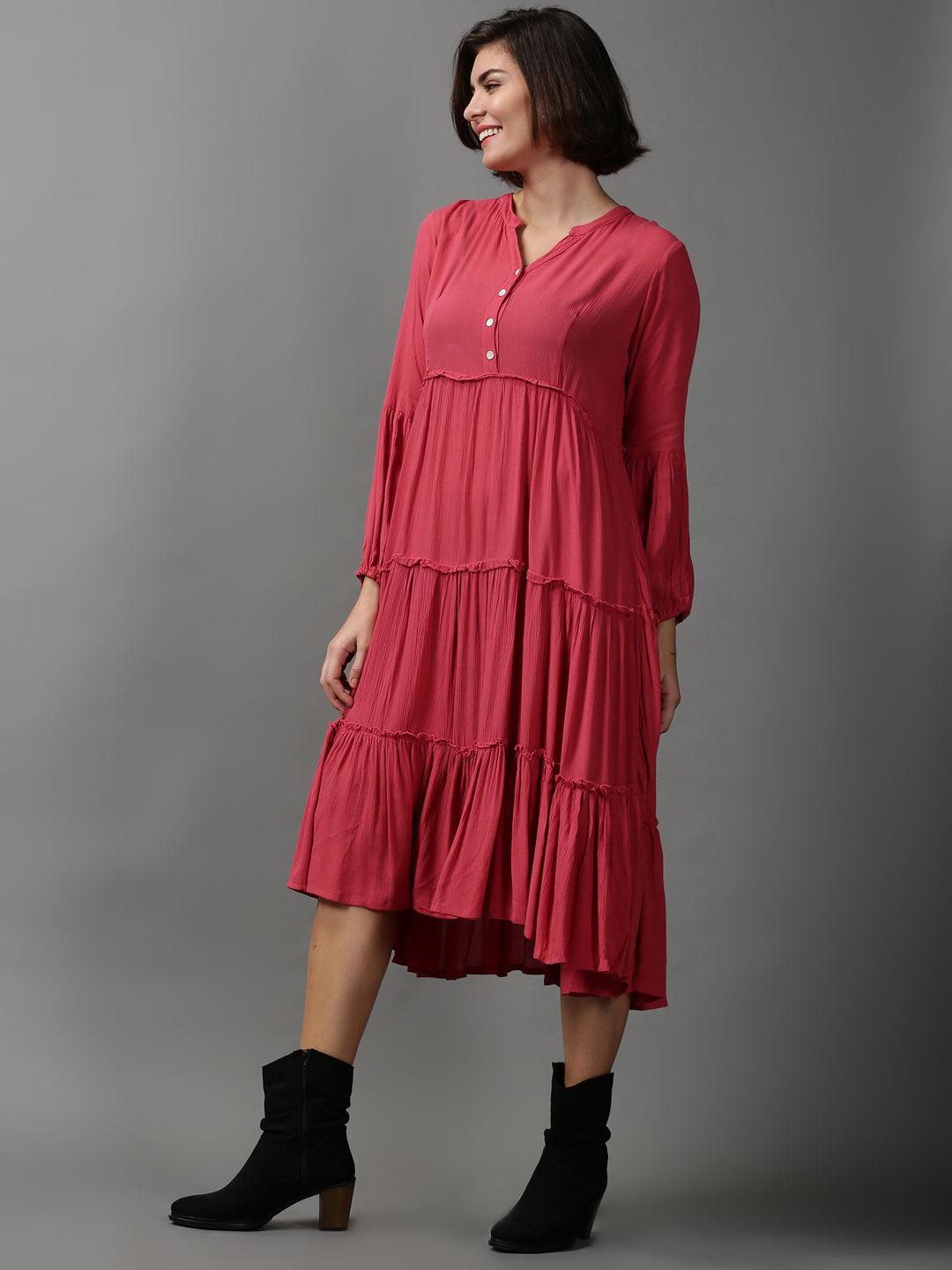 Women's Pink Solid Fit and Flare Dress