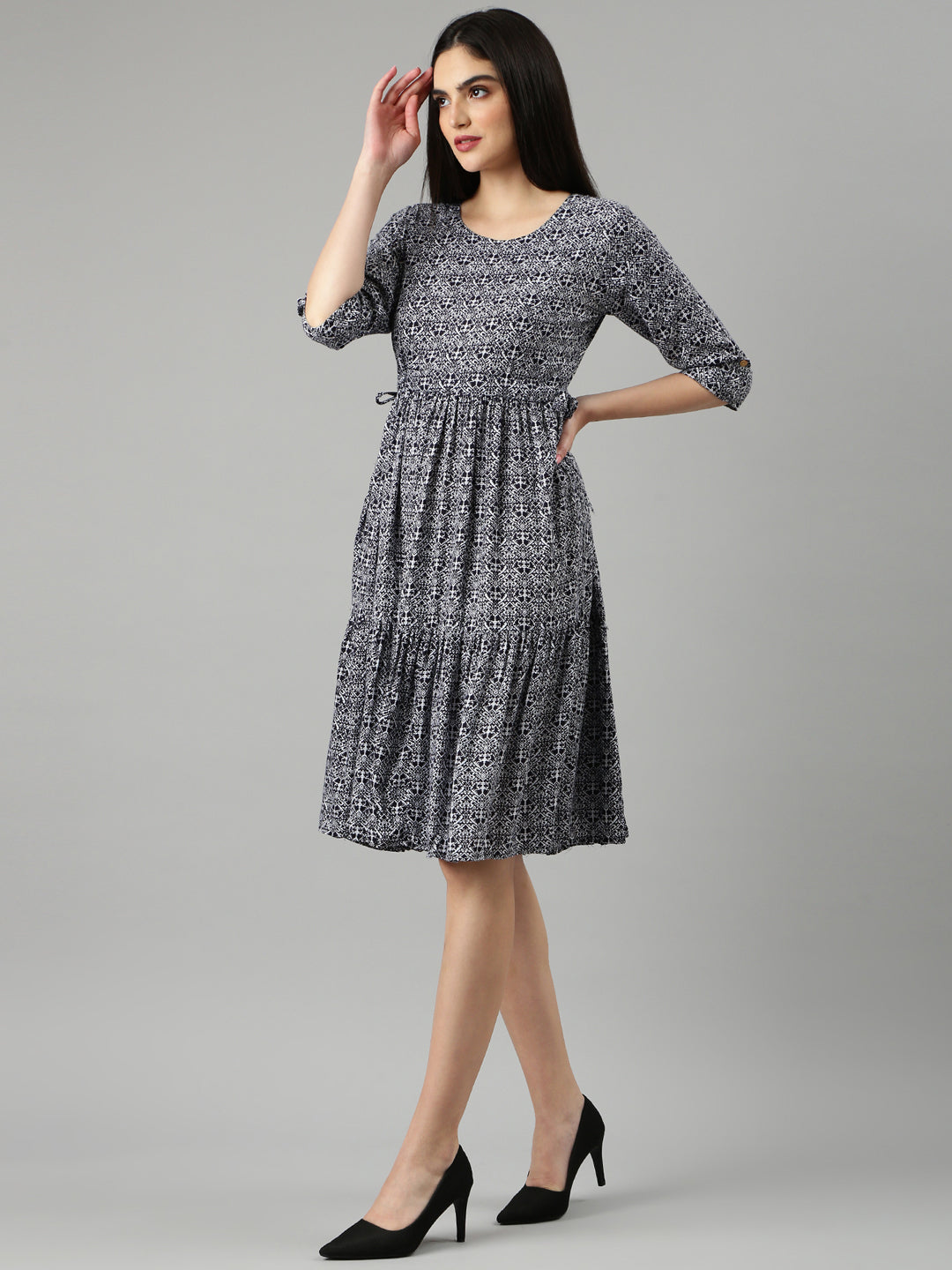 Women Navy Blue Printed Fit and Flare Dress