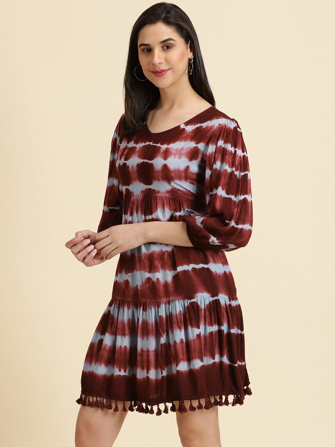 Women's Burgundy Tie Dye Fit and Flare Dress