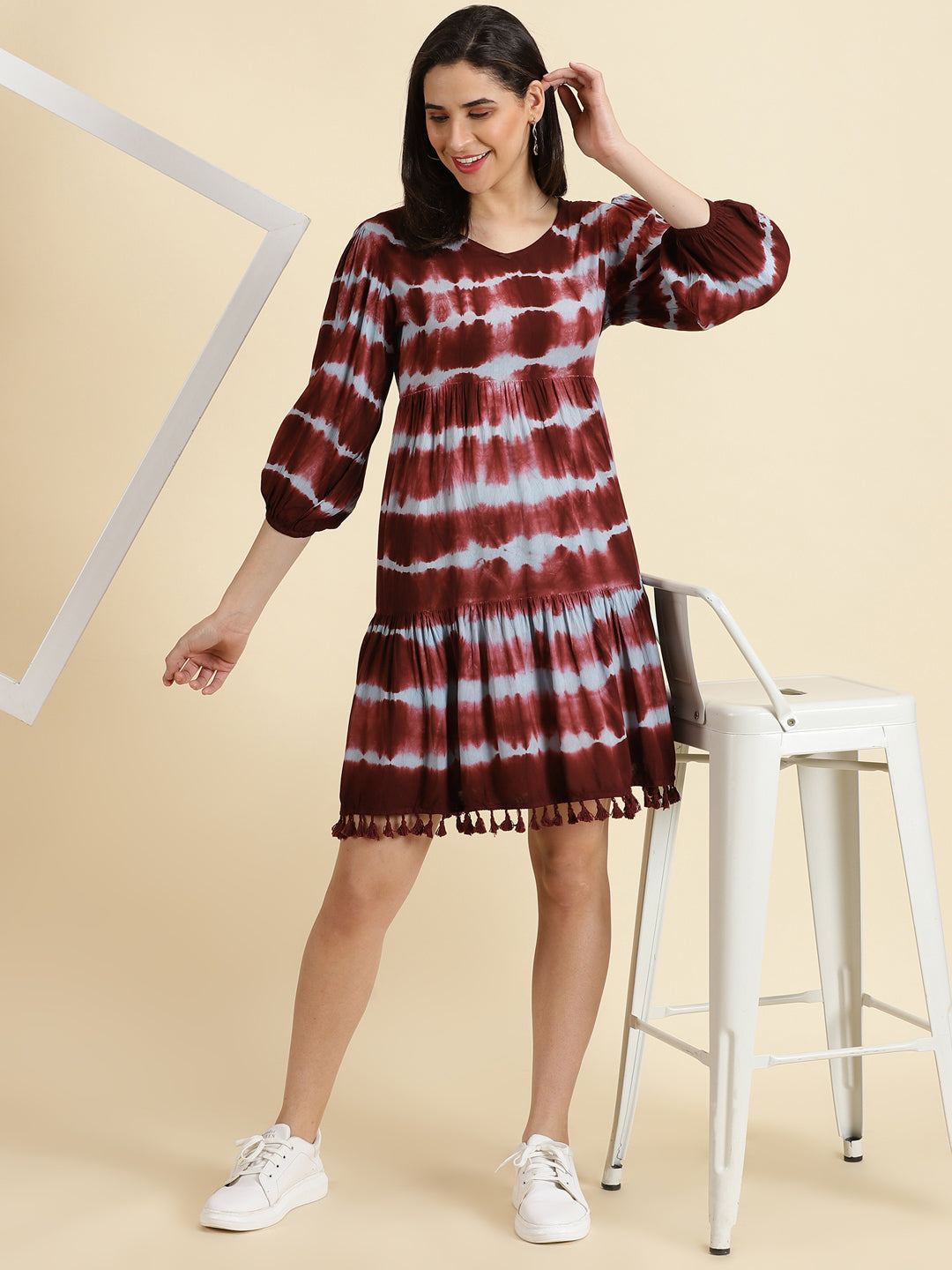 Women's Burgundy Tie Dye Fit and Flare Dress