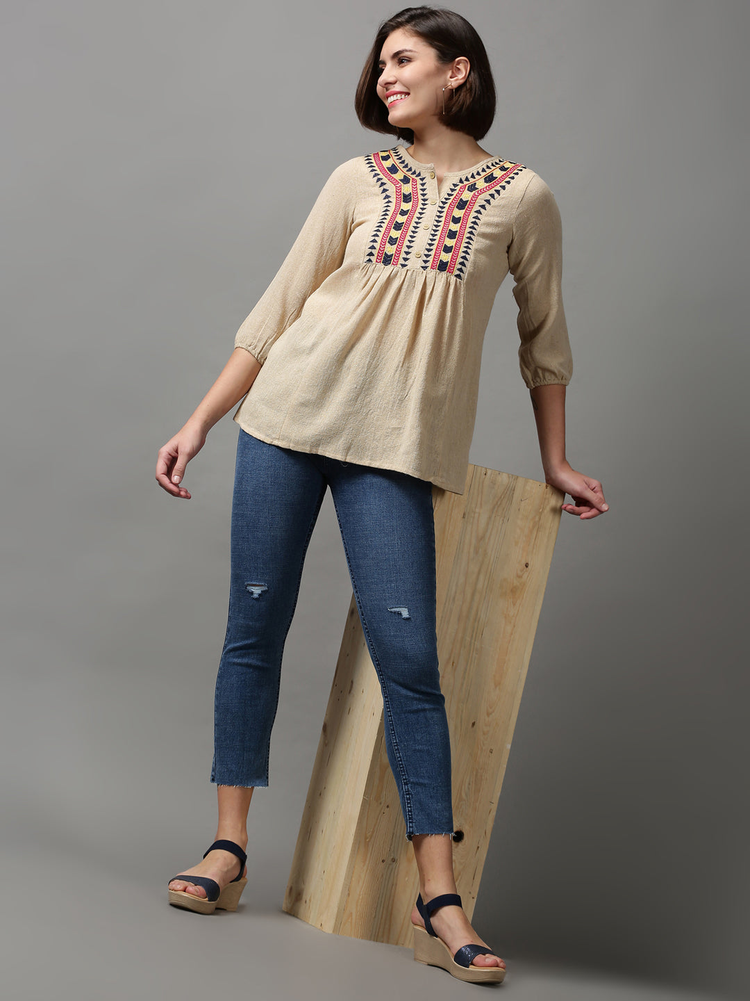 Women's Beige Solid Top