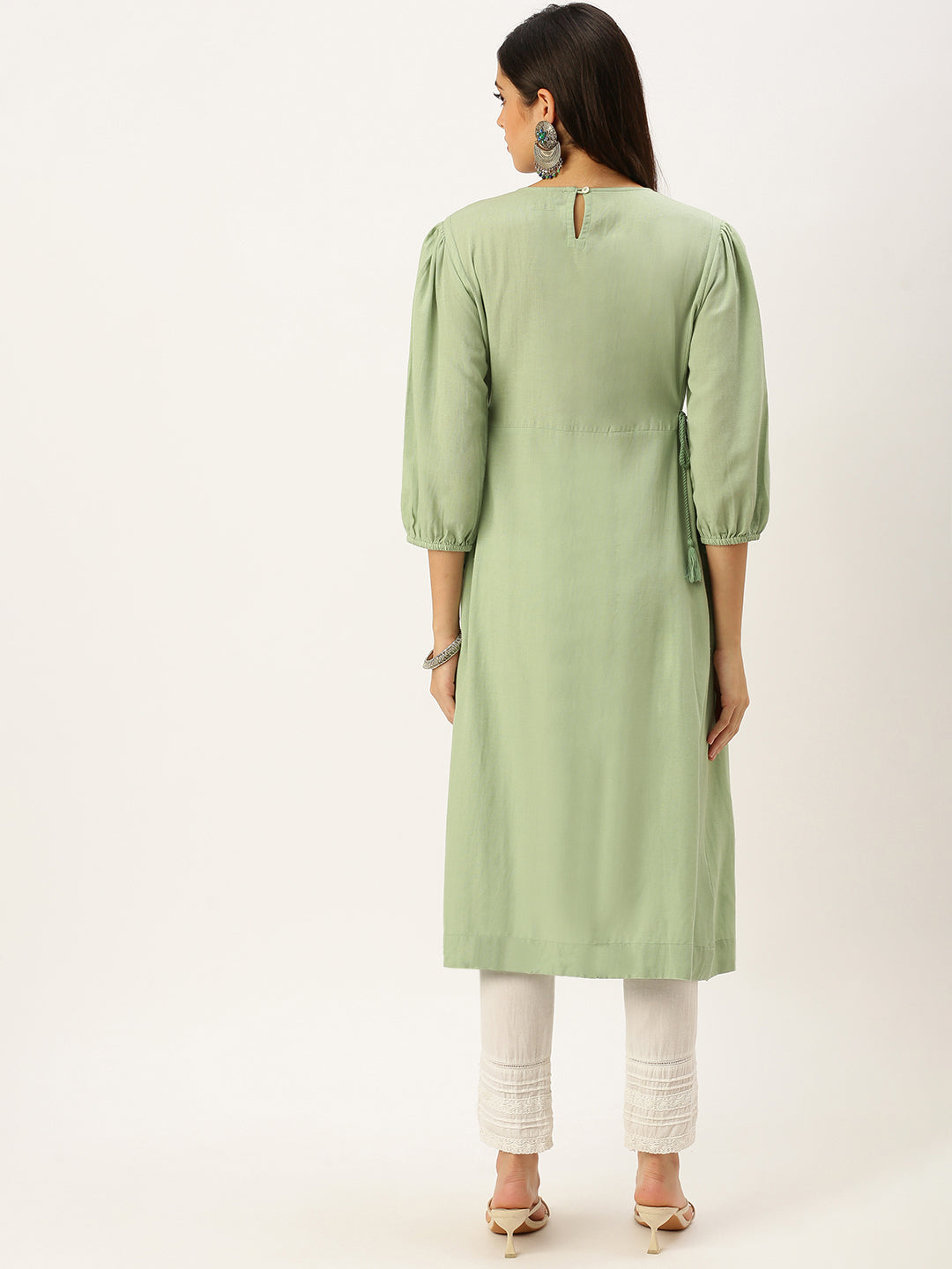 Women's Green Embroidered A-Line Kurtas