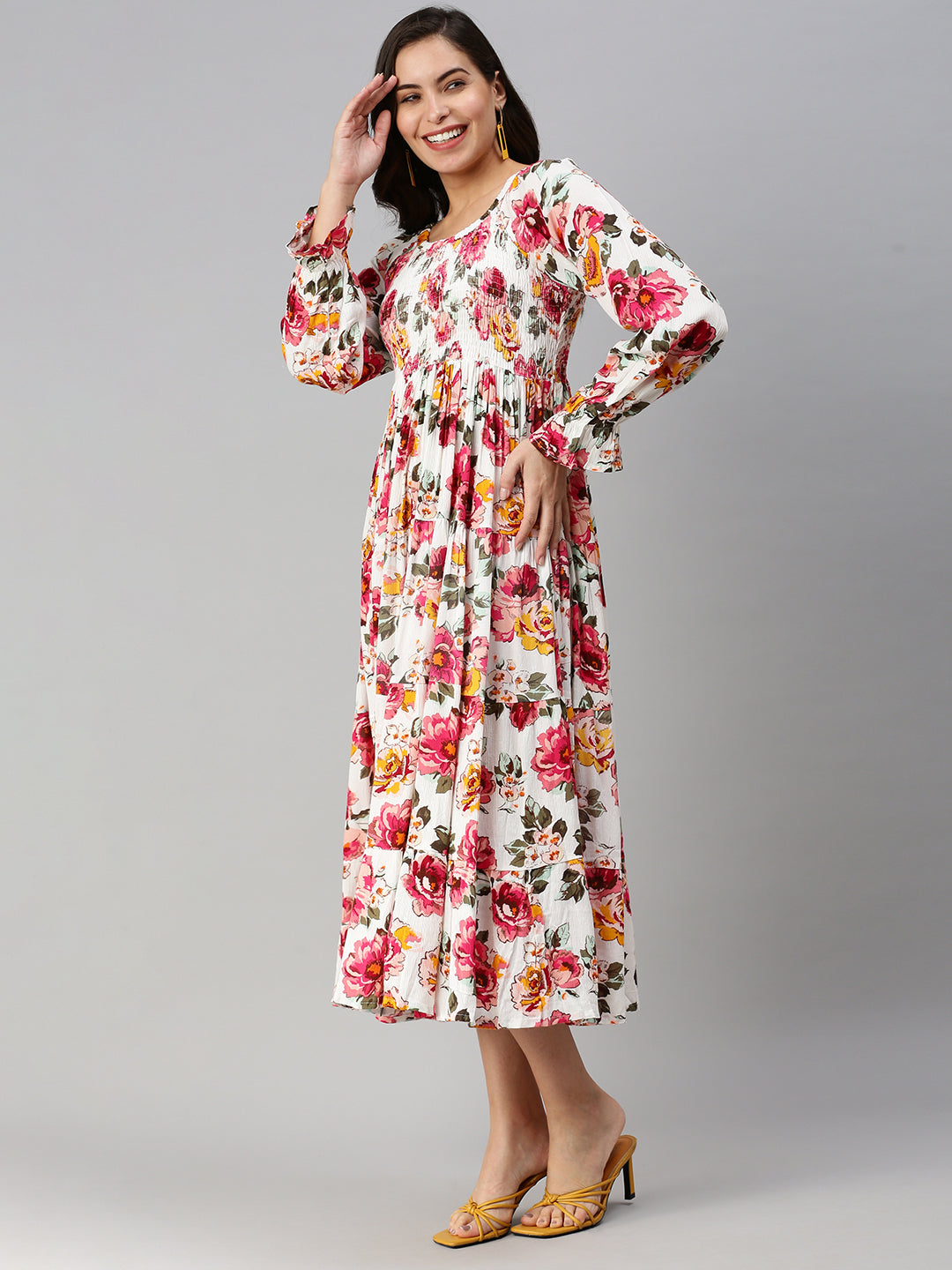 Women's Floral White Fit and Flare Dress