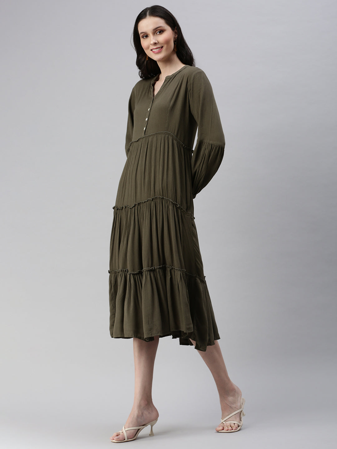 Women Olive Solid Fit and Flare Dress