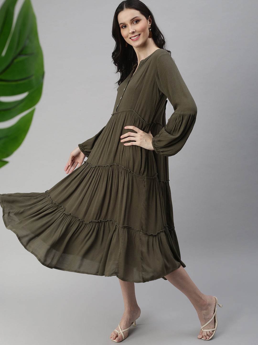 Women Olive Solid Fit and Flare Dress