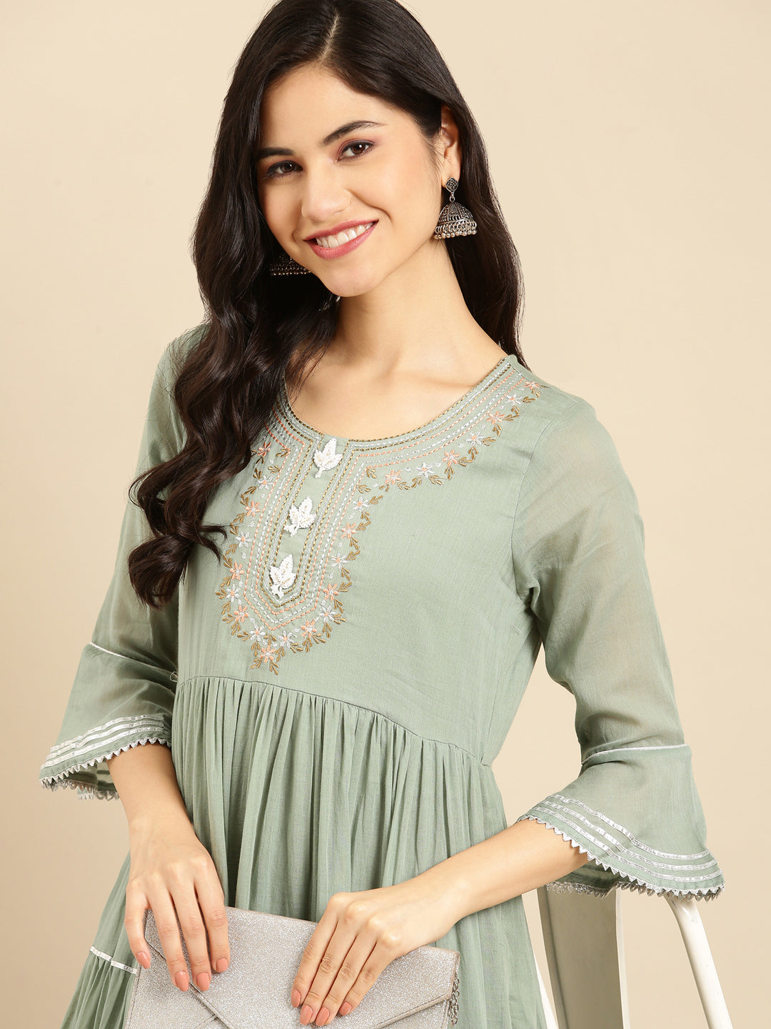 Women's Green Embroidered A-Line Kurta