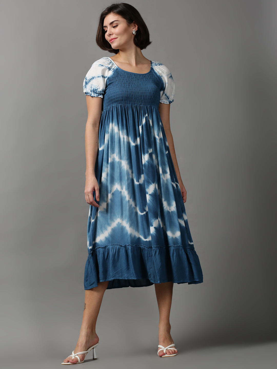 Women's Blue Tie Dye Fit and Flare Dress