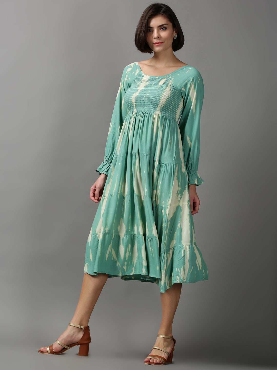Women's Sea Green Tie Dye Fit and Flare Dress