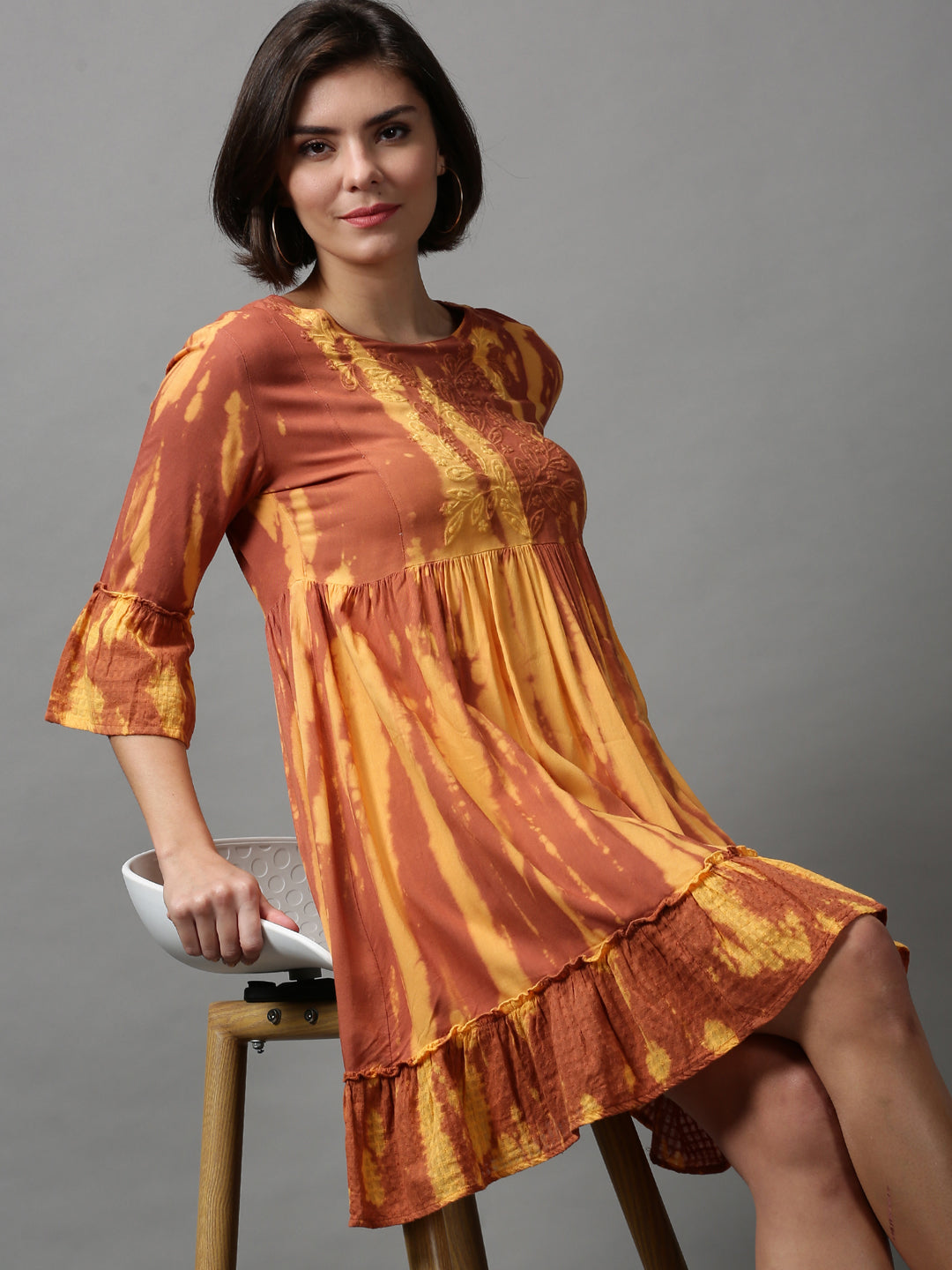 Women's Brown Tie Dye Empire Dress