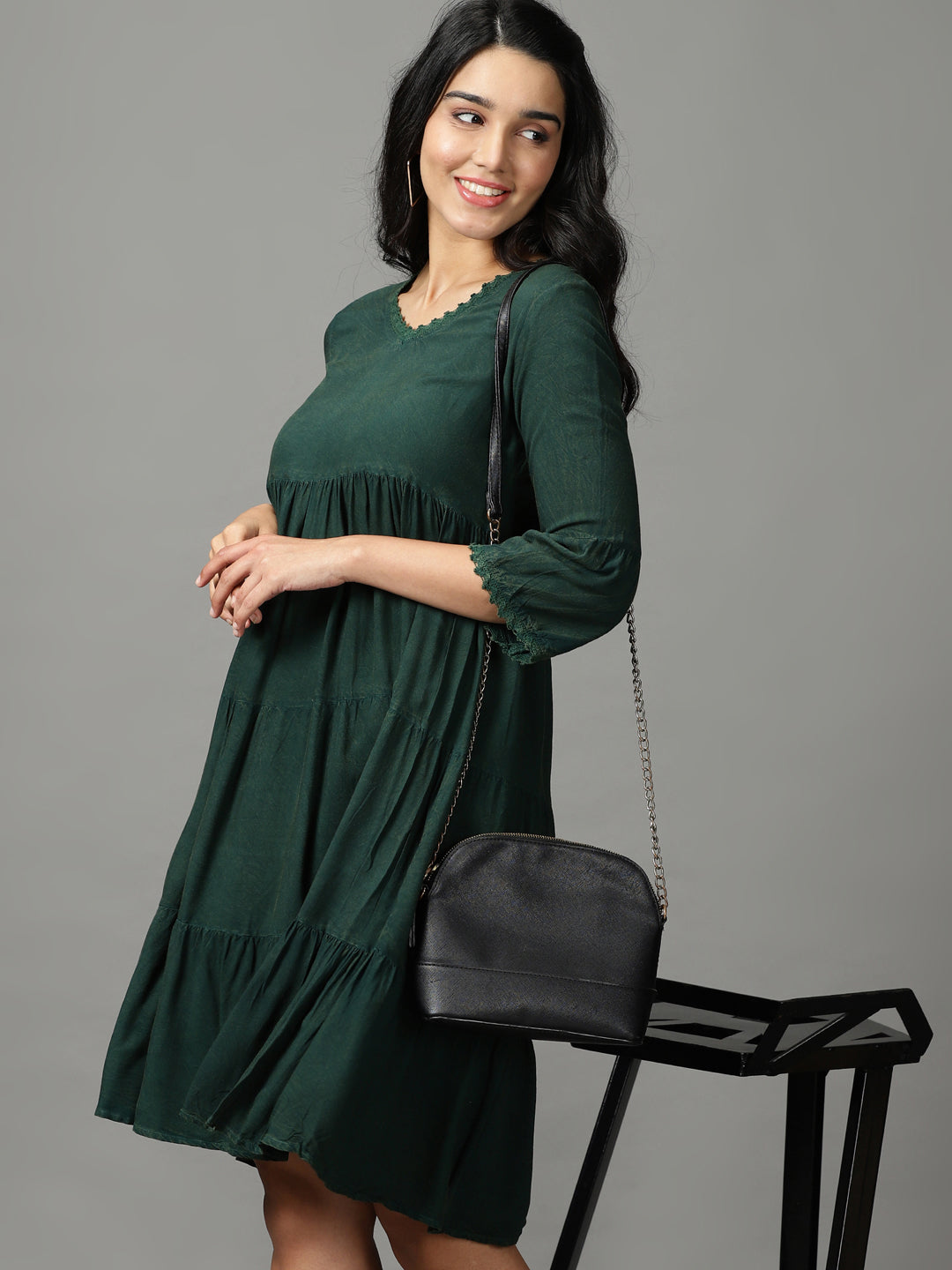 Women's Olive Solid Empire Dress