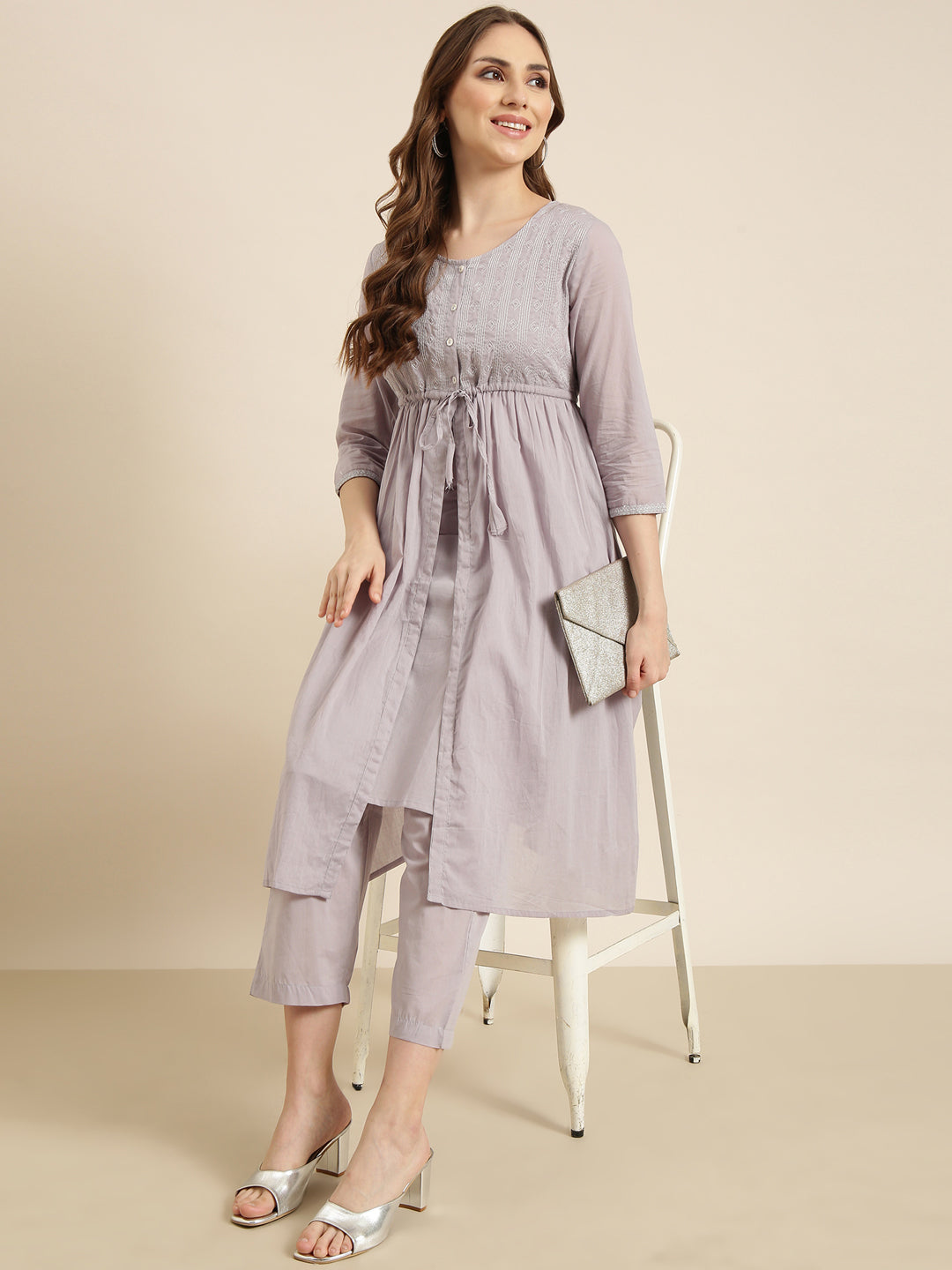 Women A-Line Grey Solid Kurta and Trousers Set
