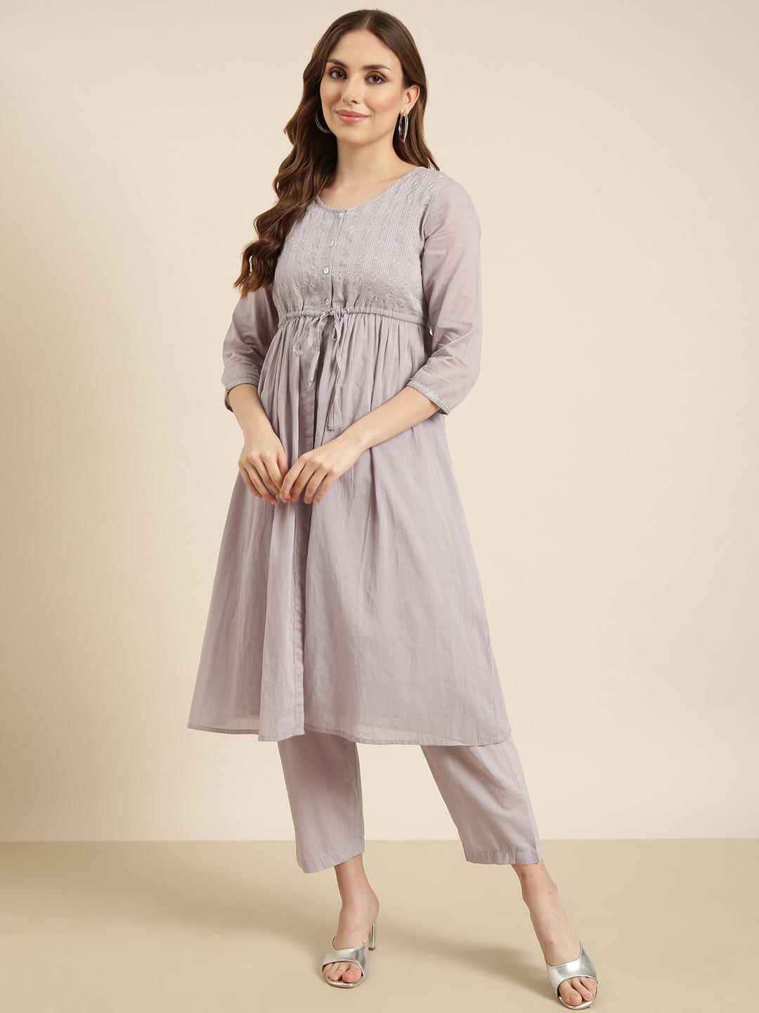 Women A-Line Grey Solid Kurta and Trousers Set