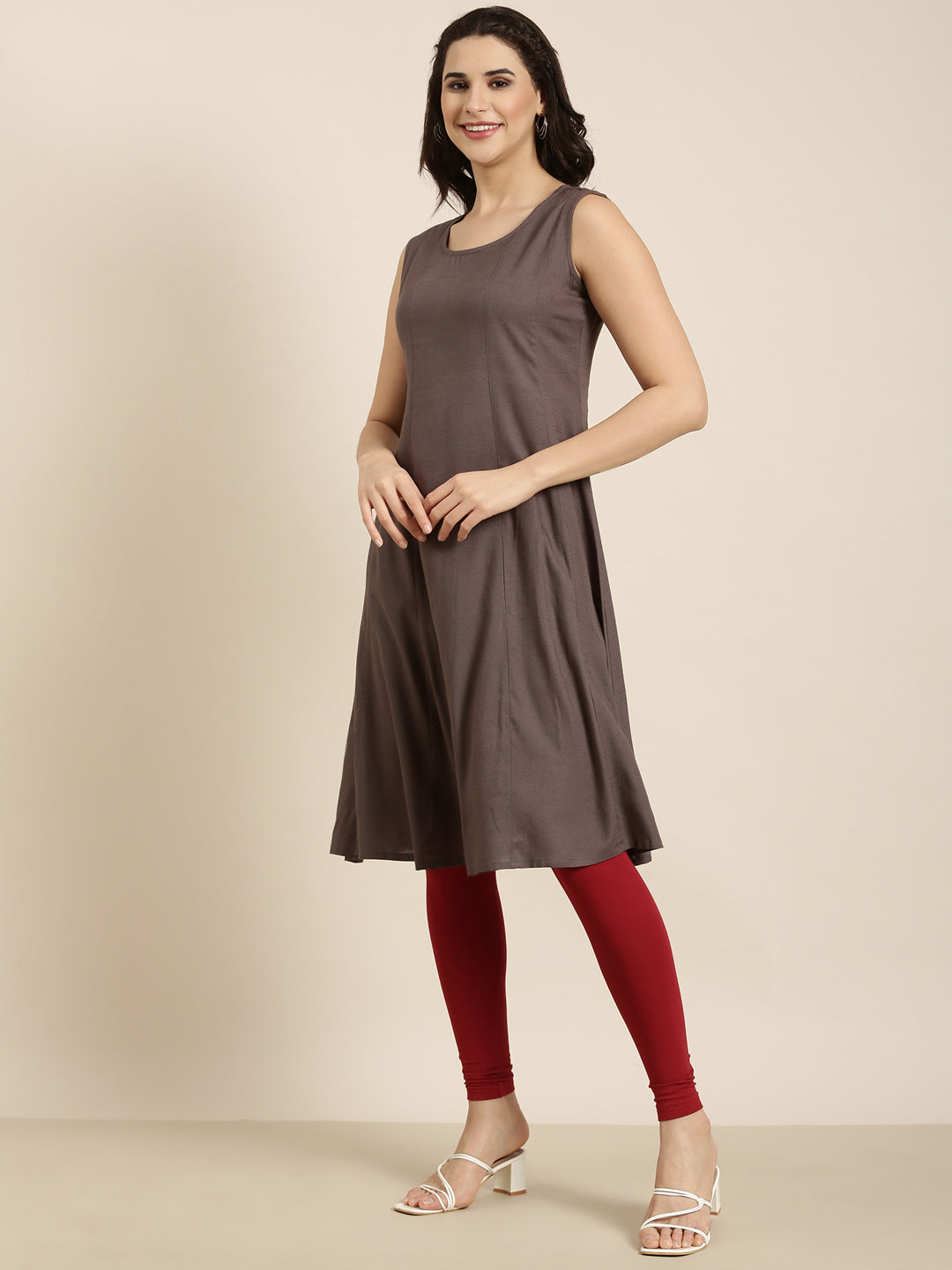 Women A-Line Grey Solid Kurta Comes With Overcoat