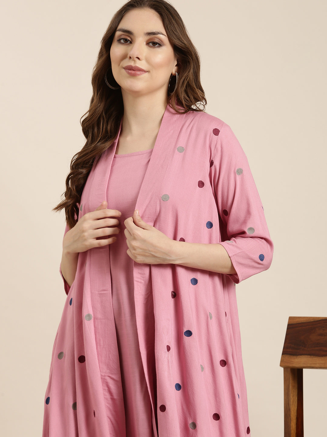 Women A-Line Pink Solid Kurta Comes With Overcoat