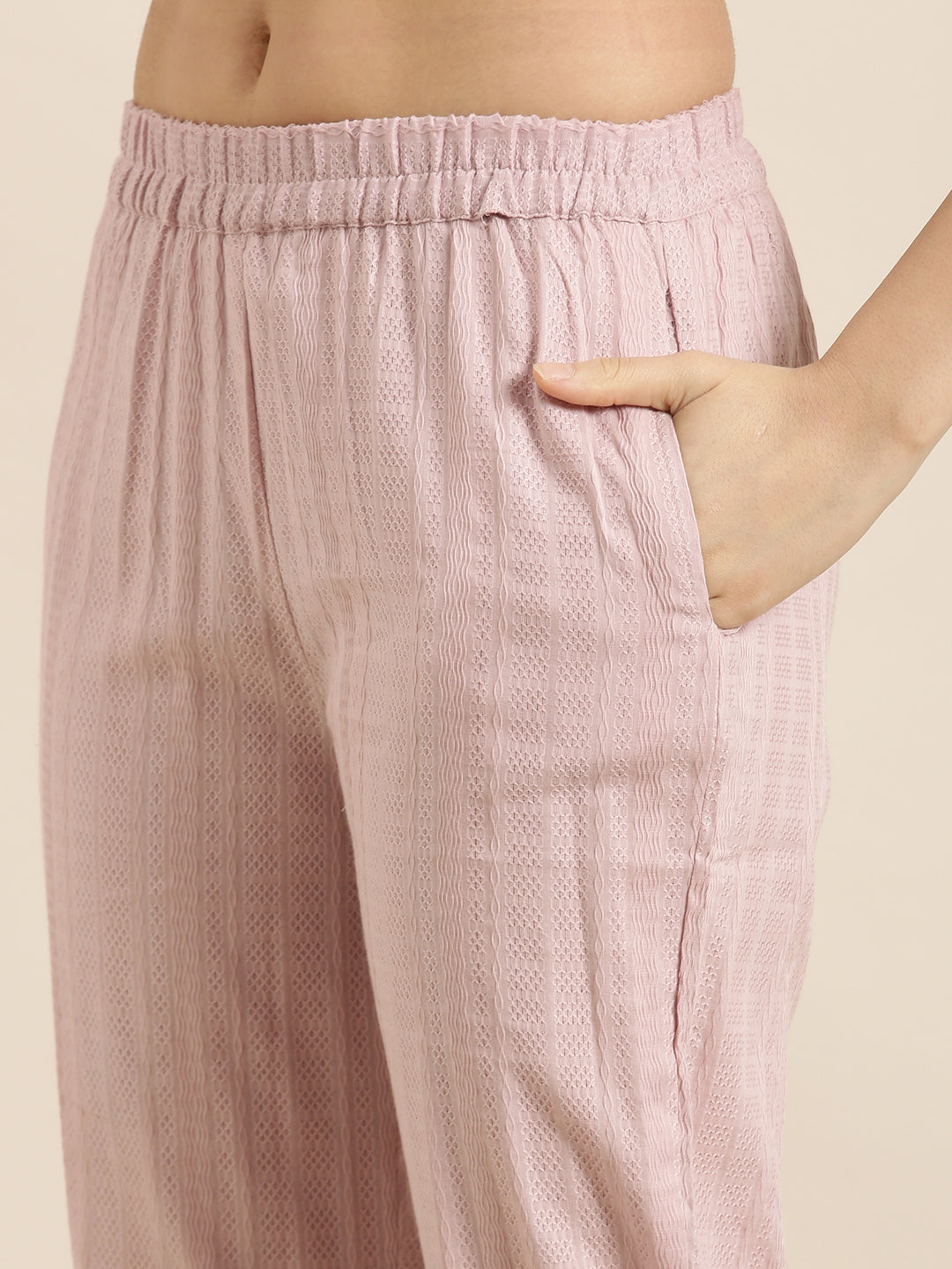 Women A-Line Peach Woven Design Kurta and Trousers Set