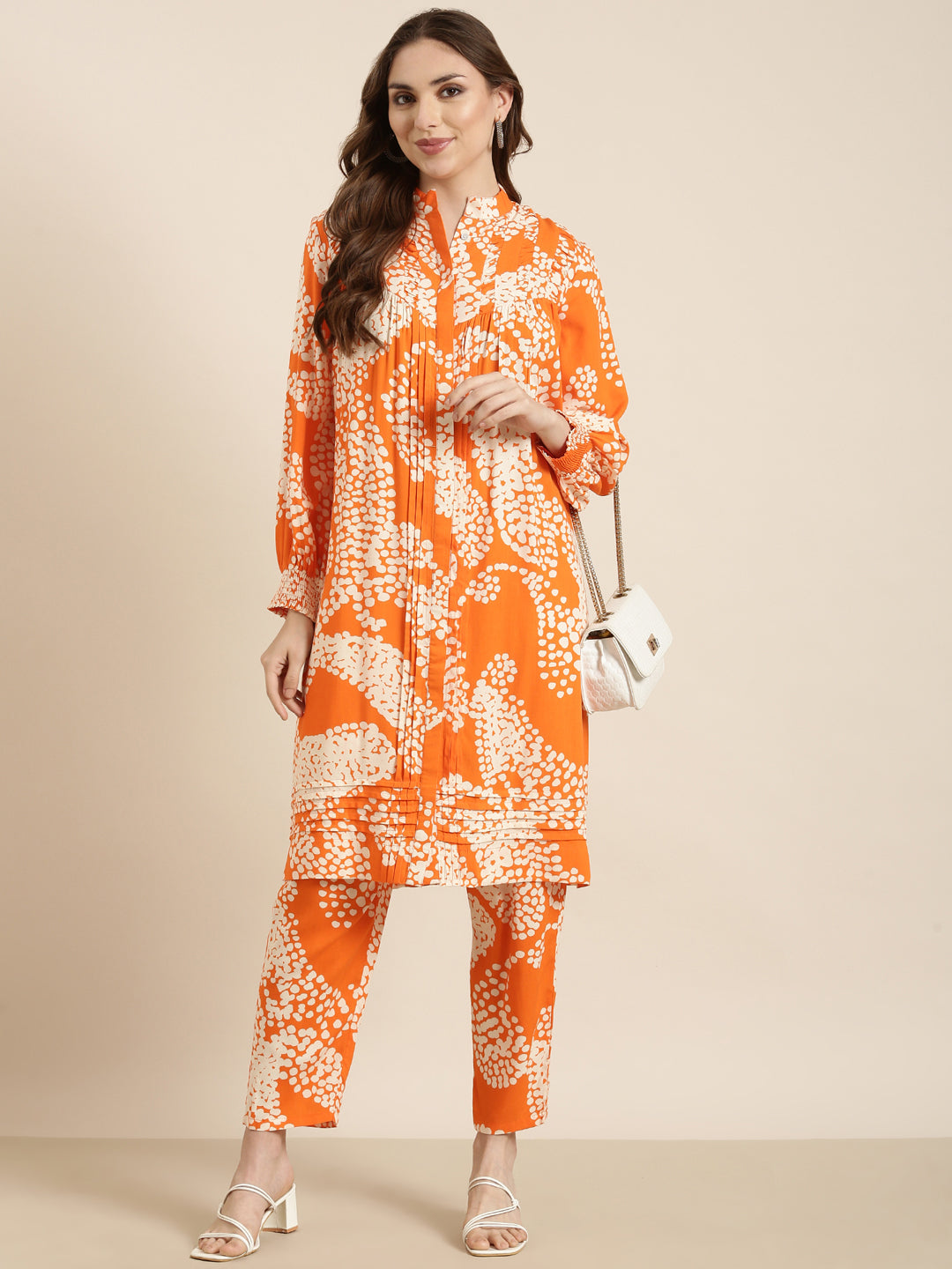 Women A-Line Orange Abstract Kurta and Trousers Set