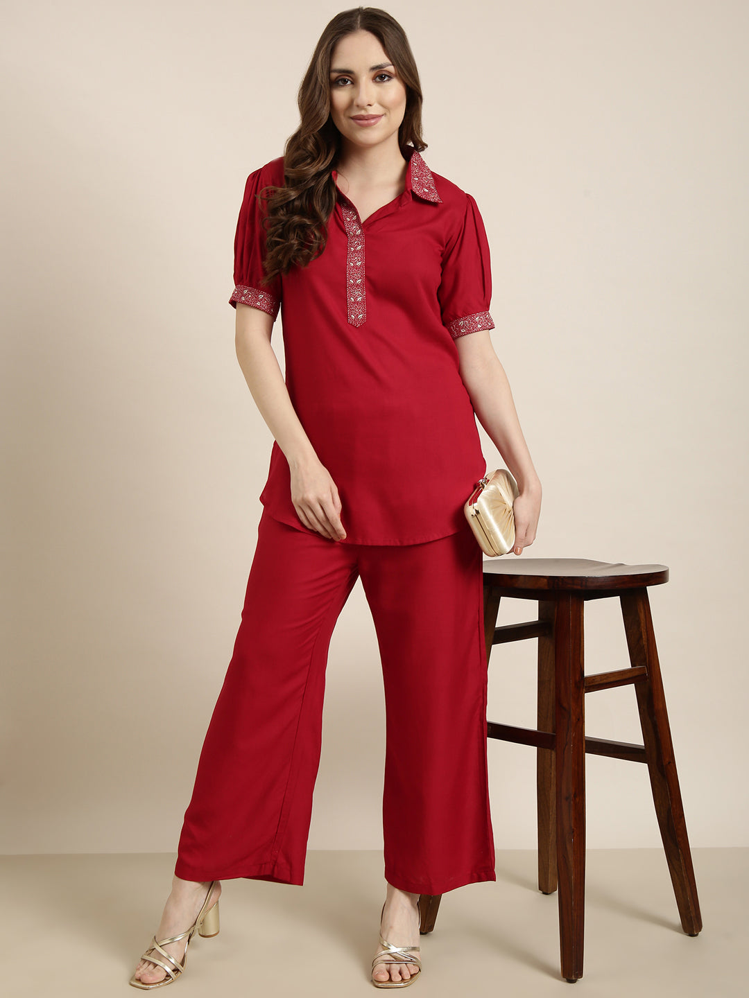 Women Red Solid Tunic & Palazzos Set