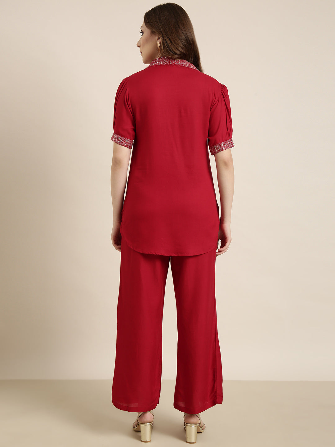 Women Red Solid Tunic & Palazzos Set