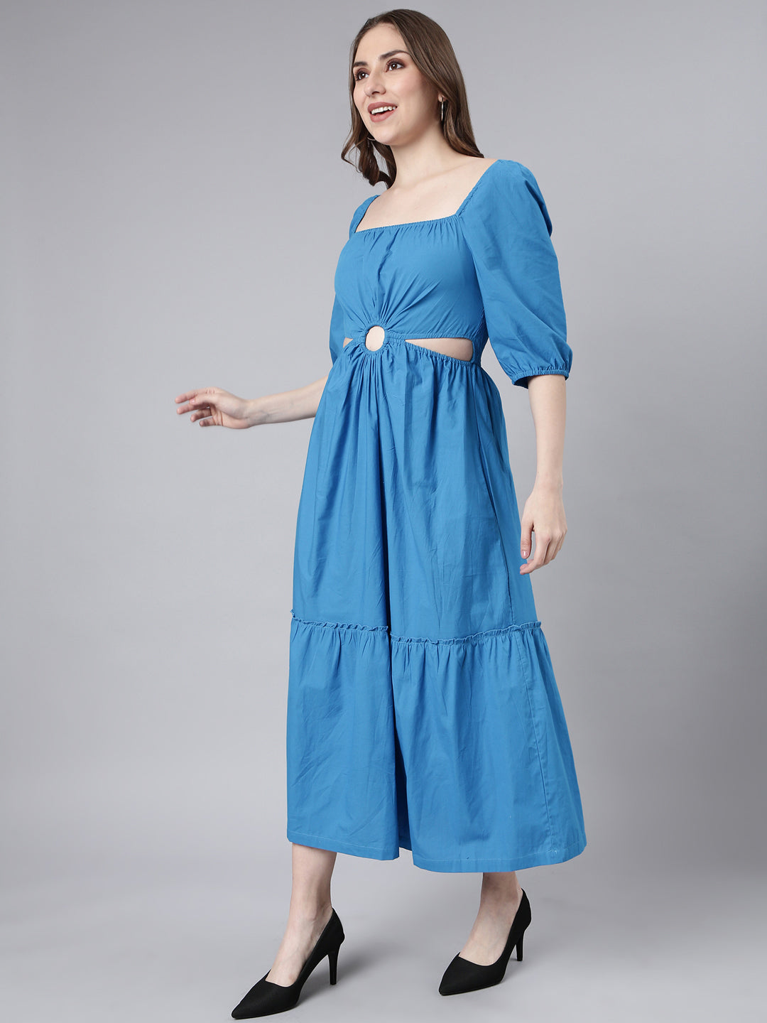 Women Blue Solid Fit and Flare Dress
