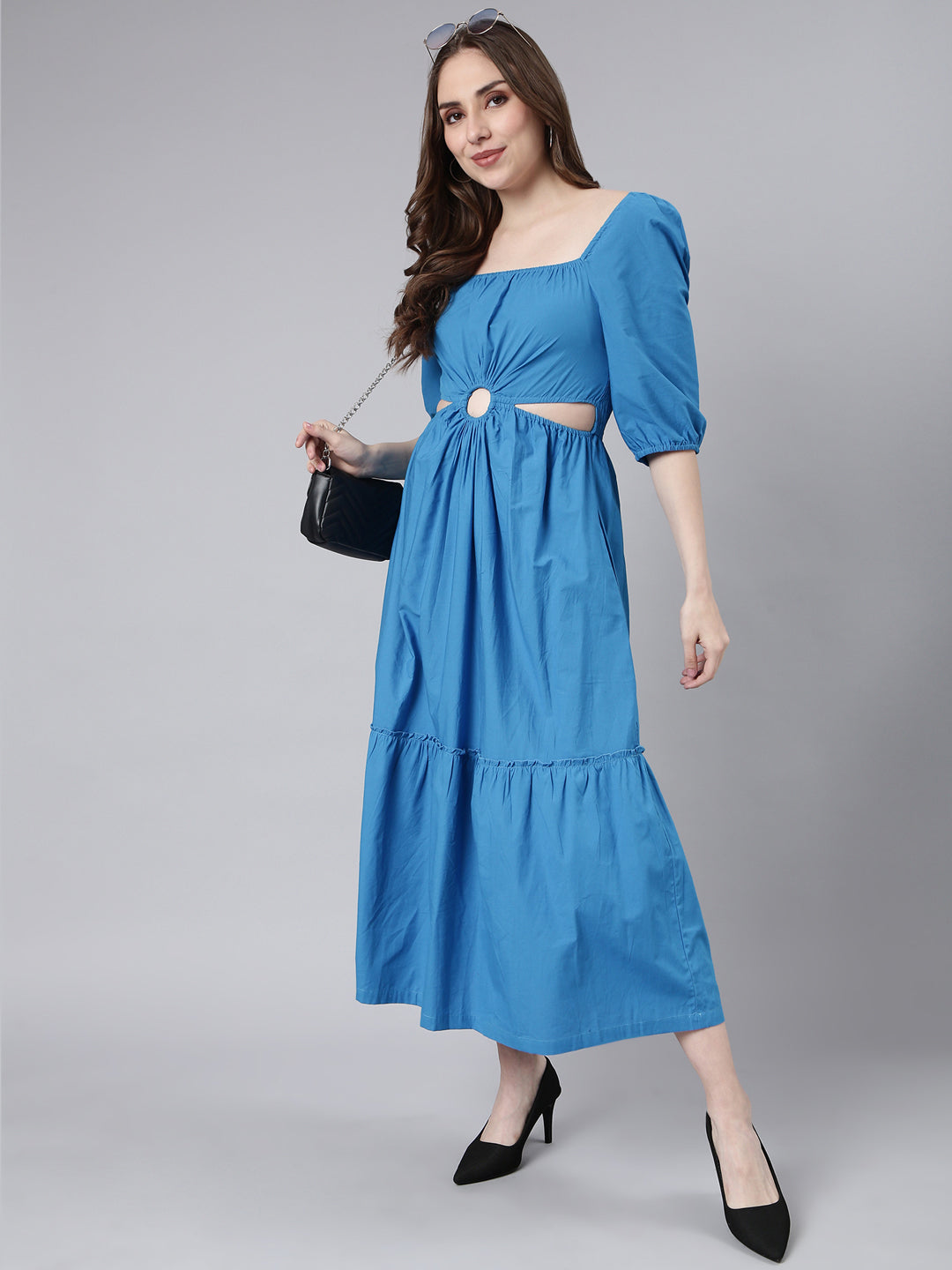 Women Blue Solid Fit and Flare Dress