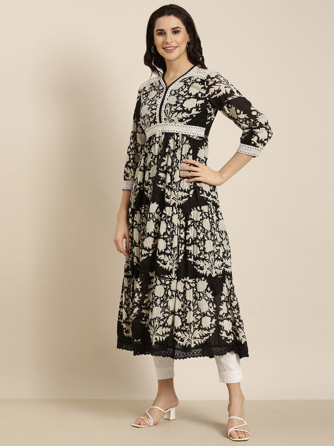 Women Anarkali Black Floral Kurta