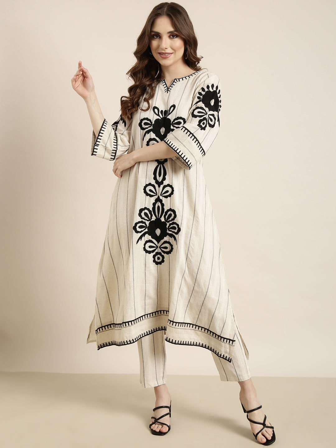 Women A-Line Cream Woven Design Kurta and Trousers Set