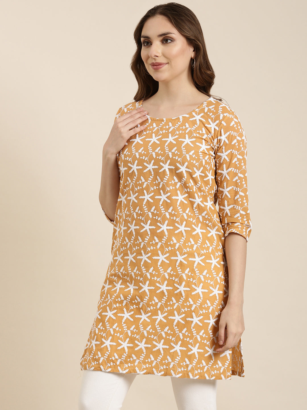 Women Floral Mustard Straight Kurti