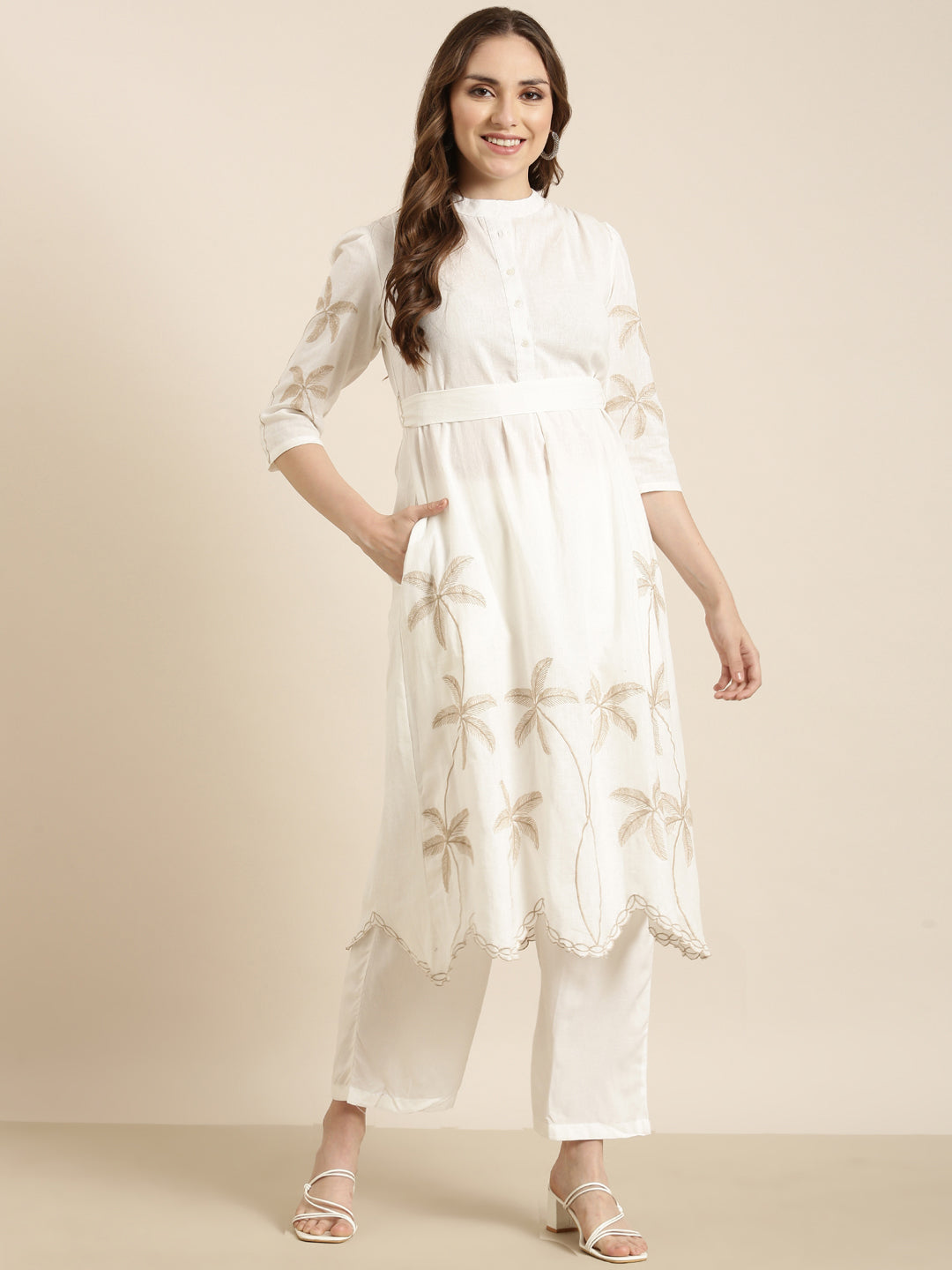 Women A-Line White Solid Kurta and Trousers Set
