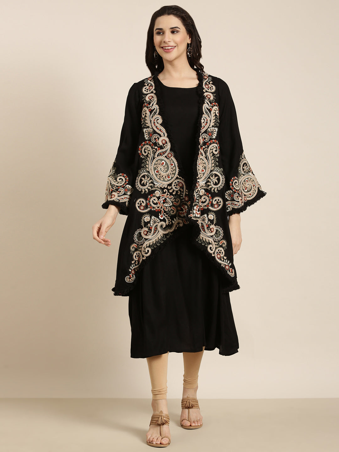 Women A-Line Black Solid Kurta Comes With Overcoat