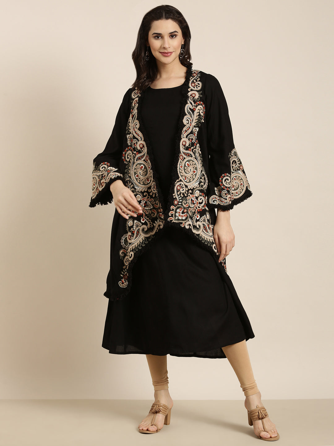Women A-Line Black Solid Kurta Comes With Overcoat