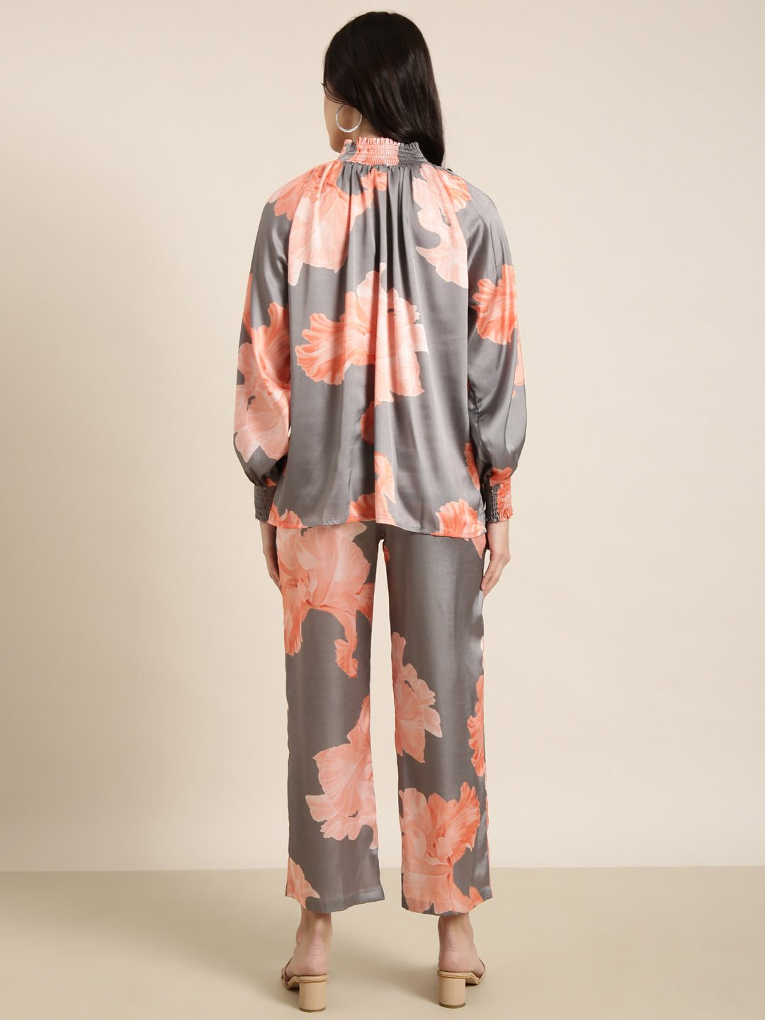 Women Oversized Grey Printed Top & Trousers Set