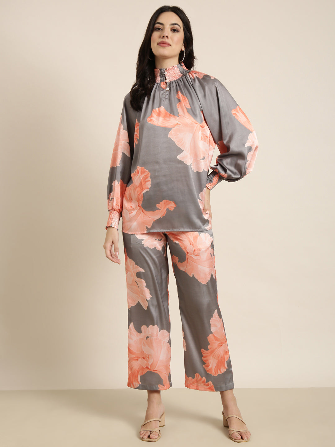 Women Oversized Grey Printed Top & Trousers Set